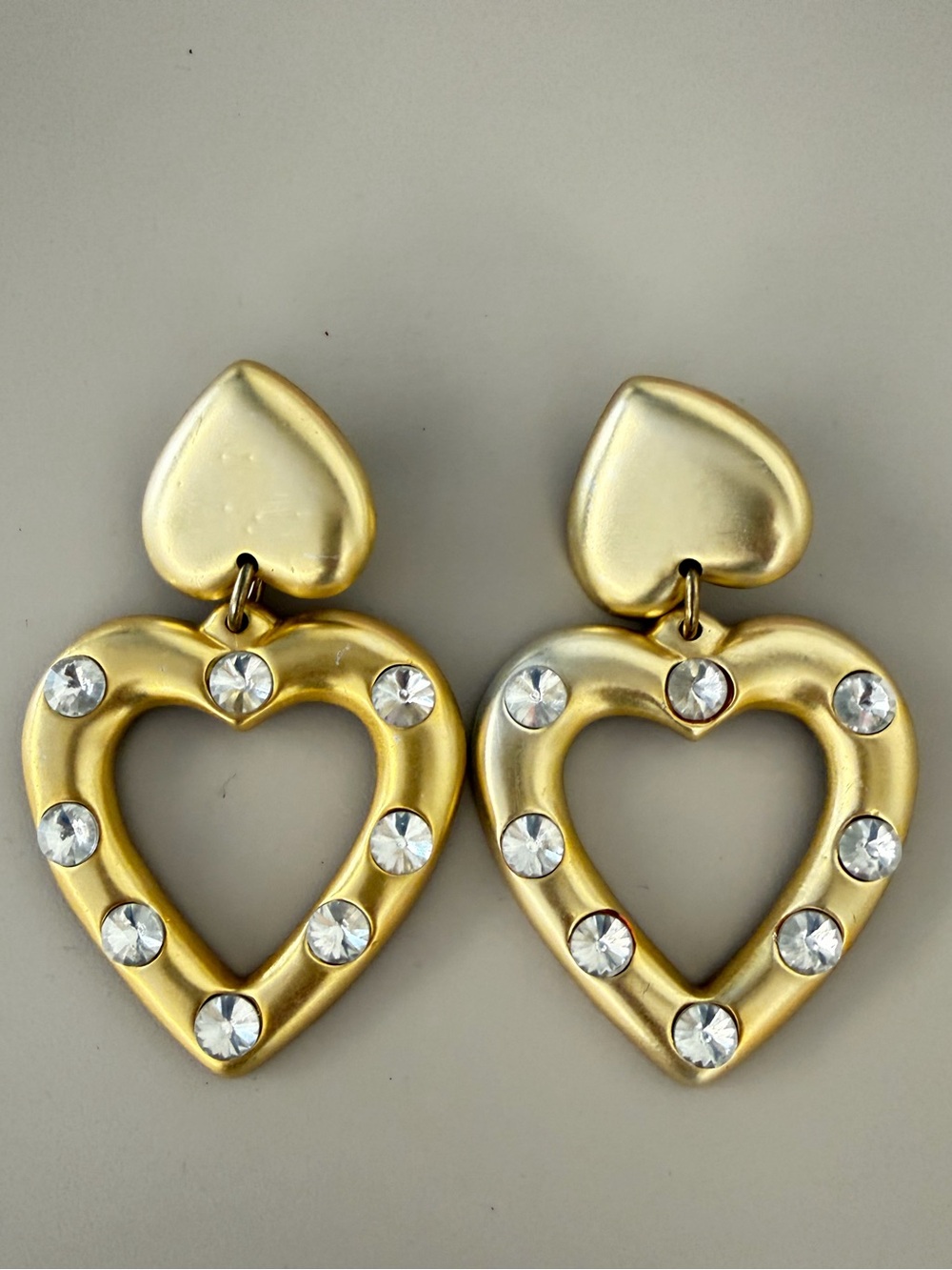 Vintage Gold Tone Rhinestone Heart Clip On Earrings Statement Glam
